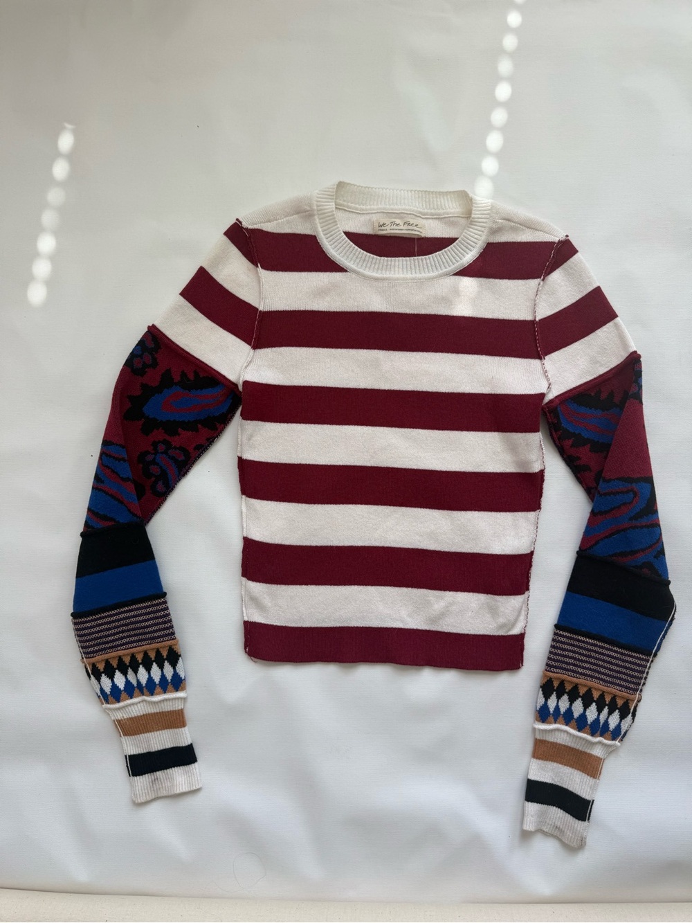 We The Free Striped Crewneck Sweater in Burgundy, Cream & Blue Accent